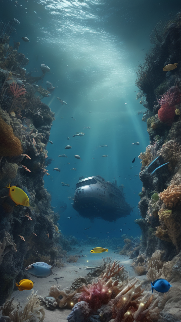 A photorealistic view of the Mariana Trench with deep sea creatures at the bottom