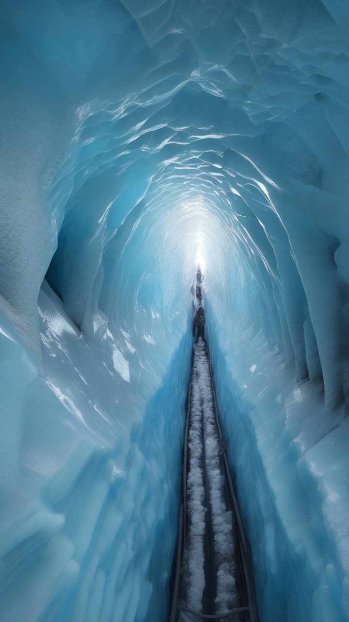A hyperrealistic view inside a blue moulins shaft drilled into a glacier
