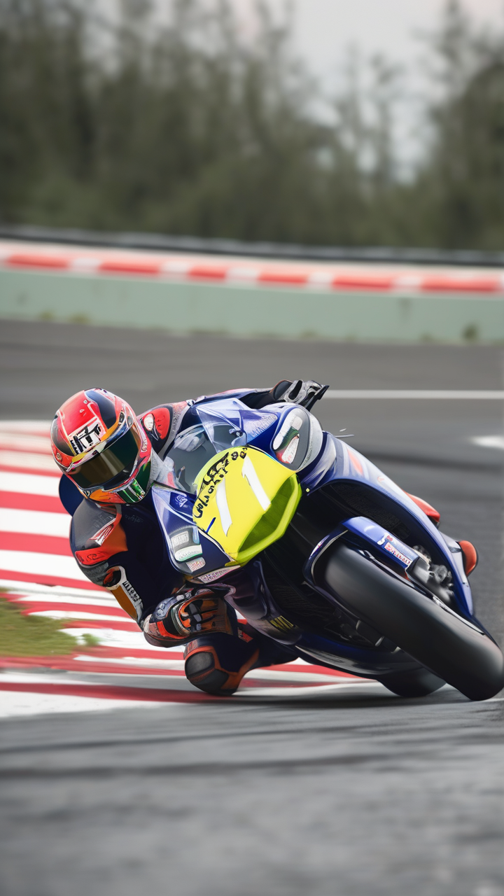A racing motorcycle at full lean through a corner