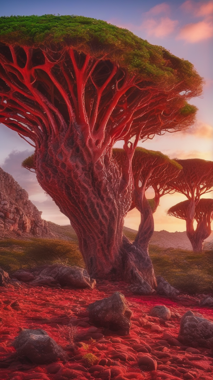 The Socotra Island dragon blood trees at sunset
