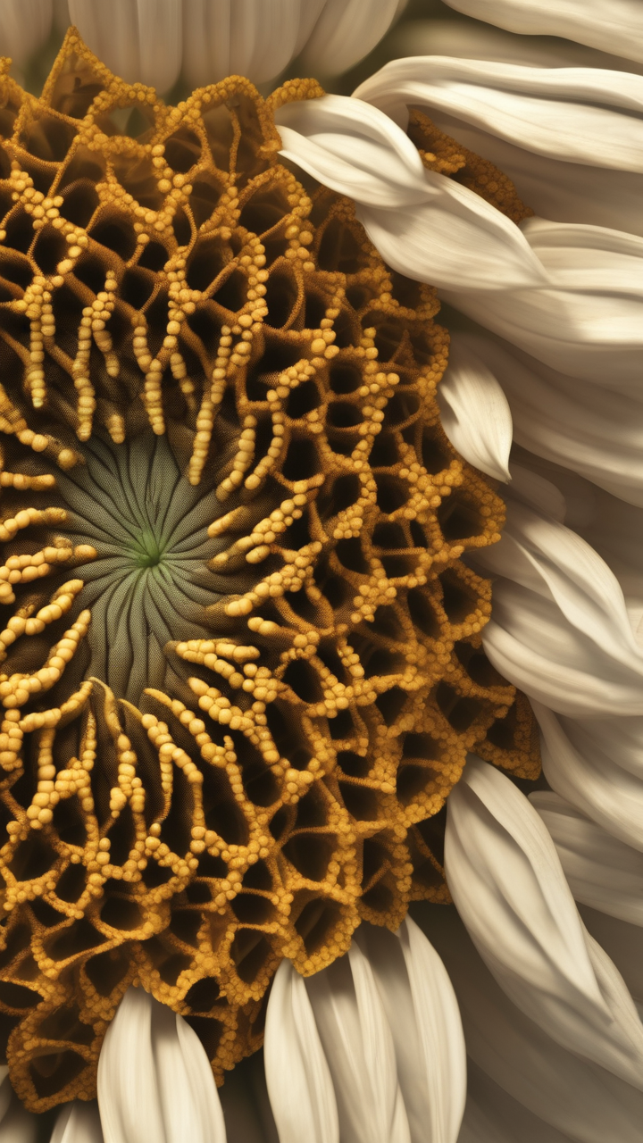 An extreme close-up of a sunflower center showing the Fibonacci spiral seeds