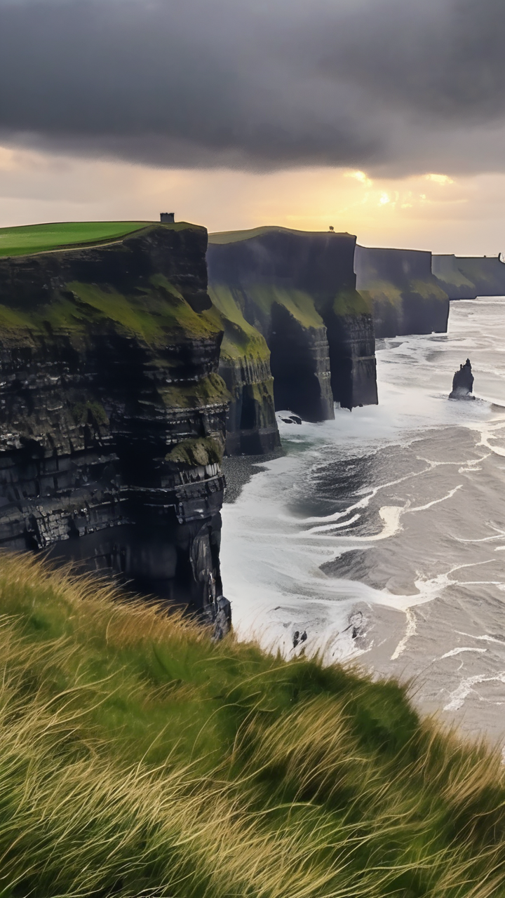 The Cliffs of Moher at sunset in a storm