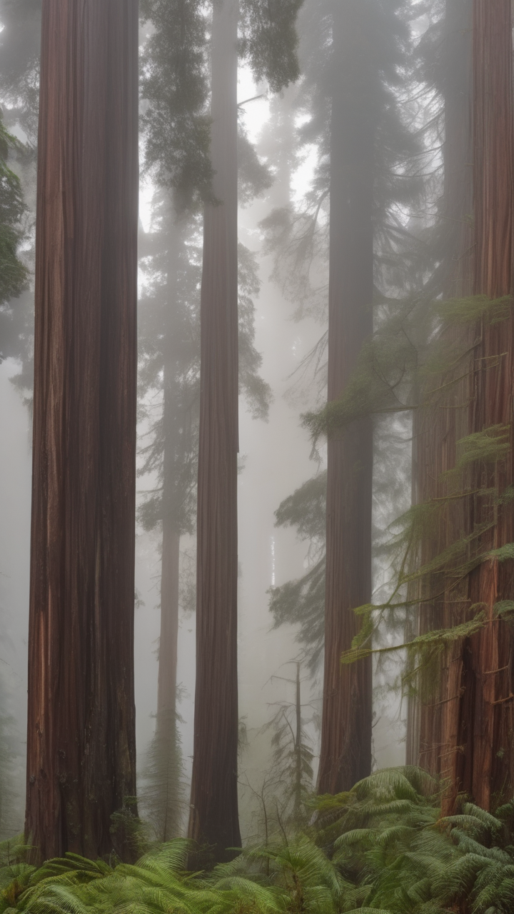 Sea fog rolling through the redwood forest
