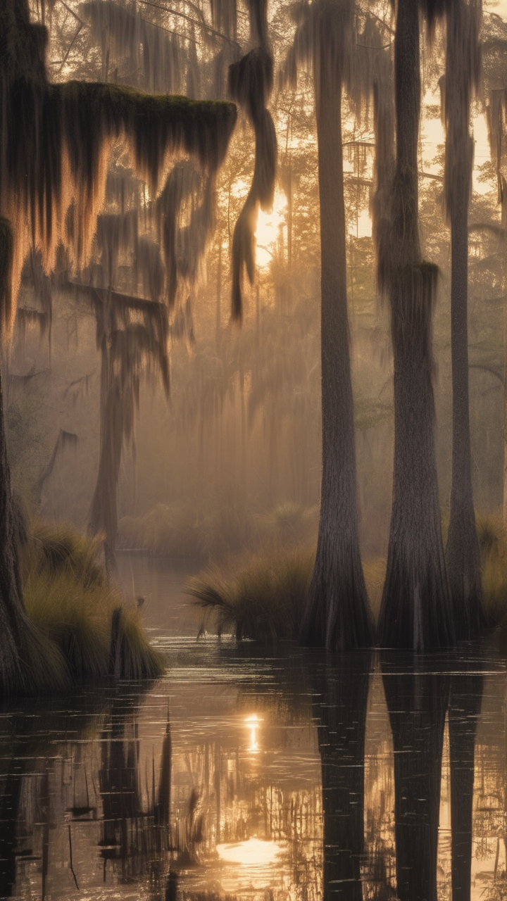 A photorealistic scene of the Okefenokee Swamp at dawn