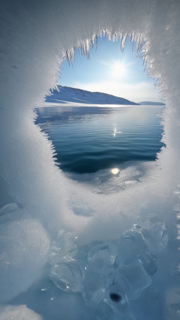 A hyperrealistic Lake Baikal winter with clear ice revealing the depths