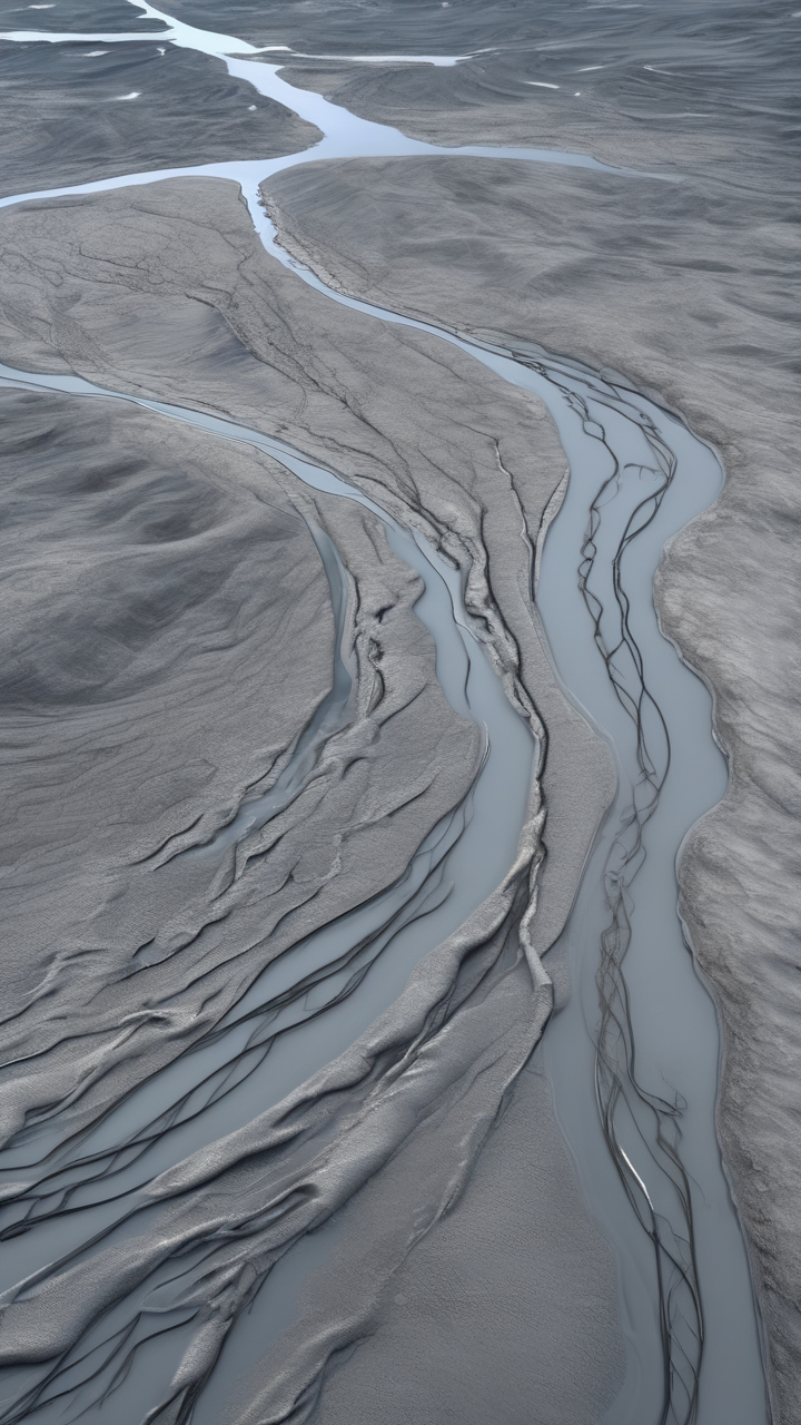 An aerial view of braided river channels across a glacial outwash plain