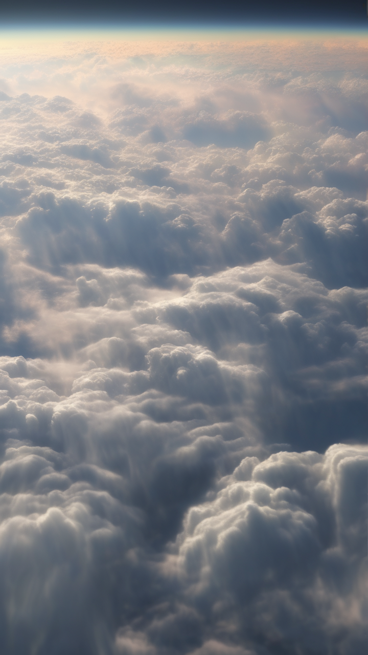 A photorealistic thunderstorm seen from above the clouds in an airplane