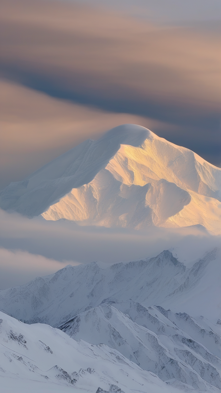 A close-up of the summit of Denali in Alaska in a polar vortex