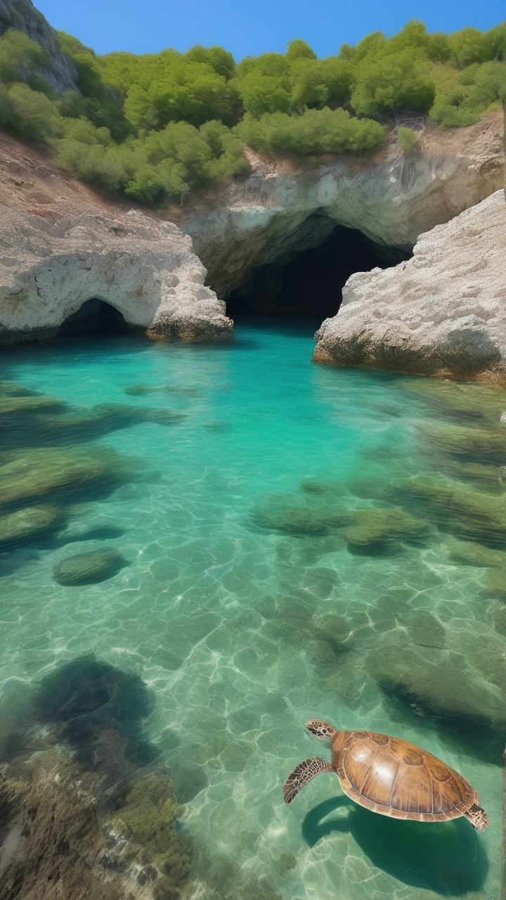 The Sea caves of Marathonisi Island Greece