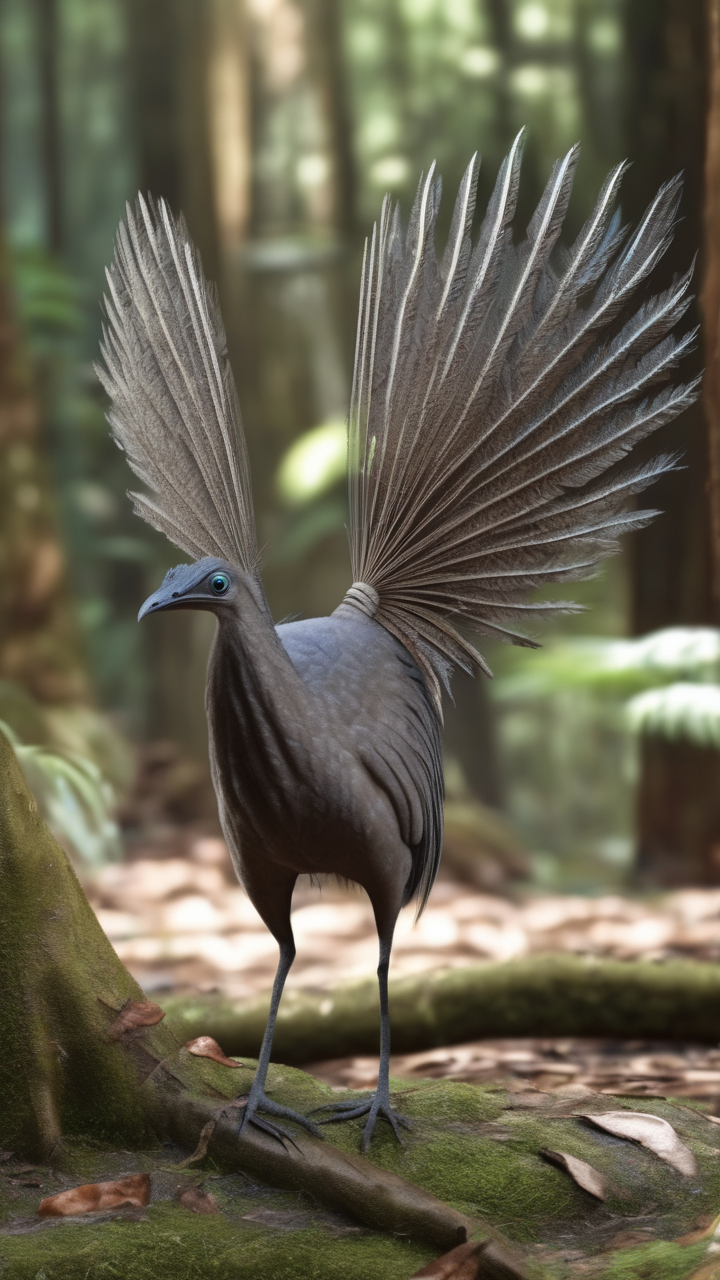 Superb lyrebird displaying its tail in an Australian rainforest