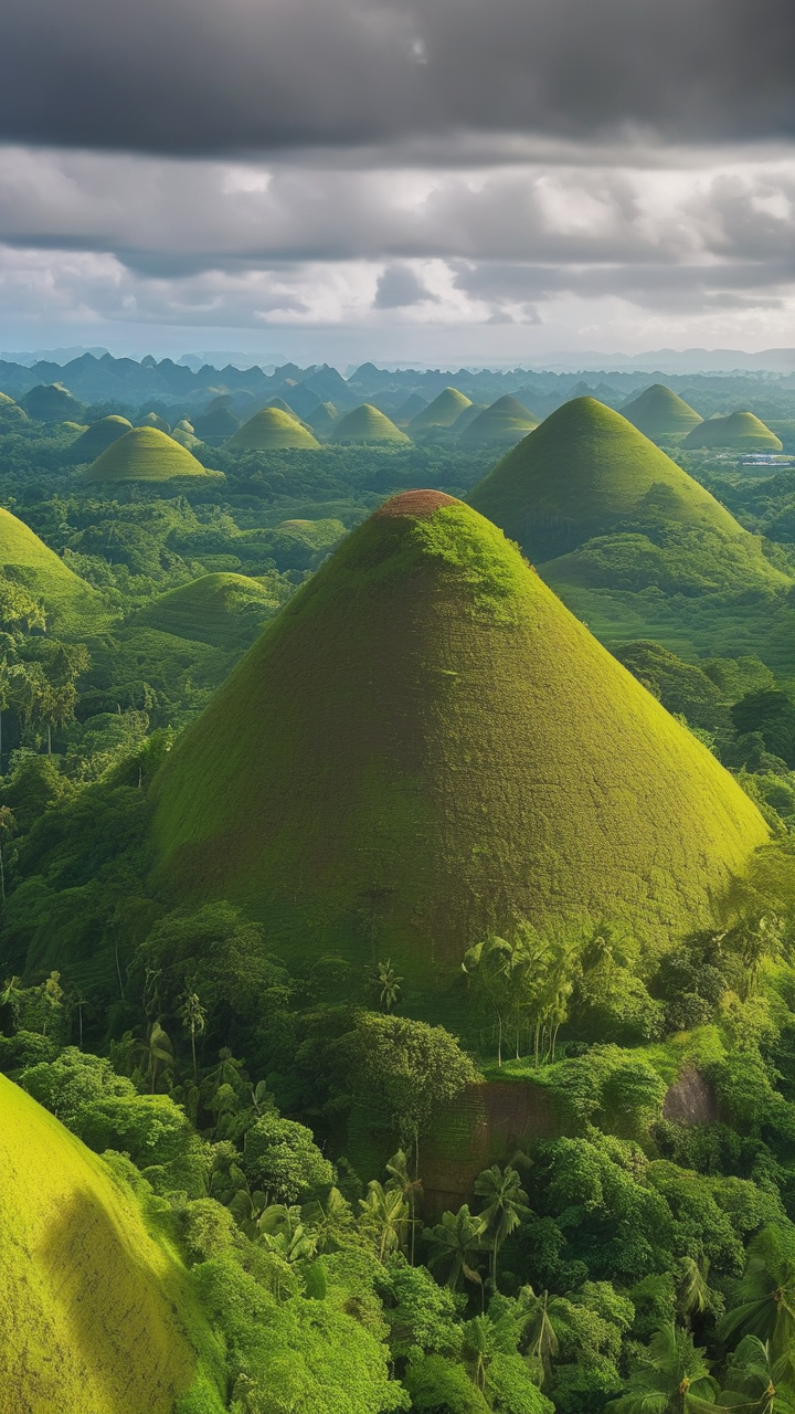 The Chocolate Hills of Bohol Philippines in the green wet season