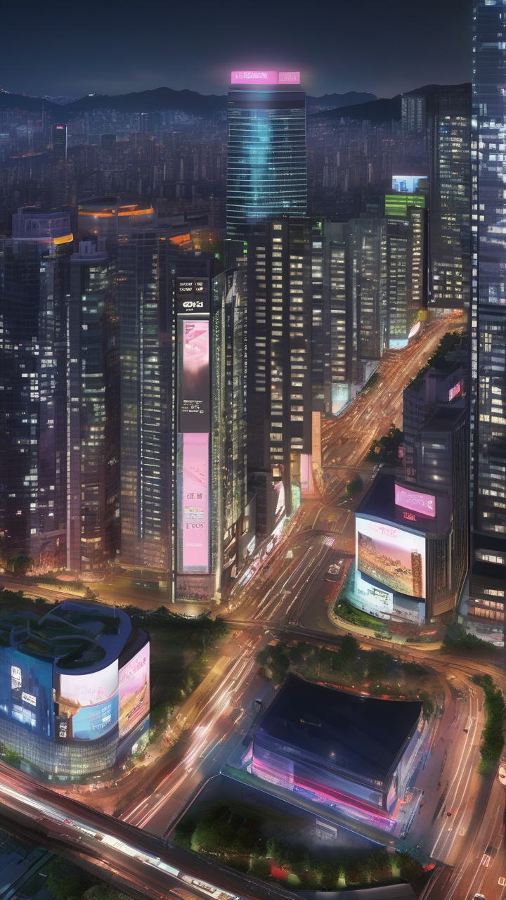 A photorealistic Seoul's Gangnam district at night