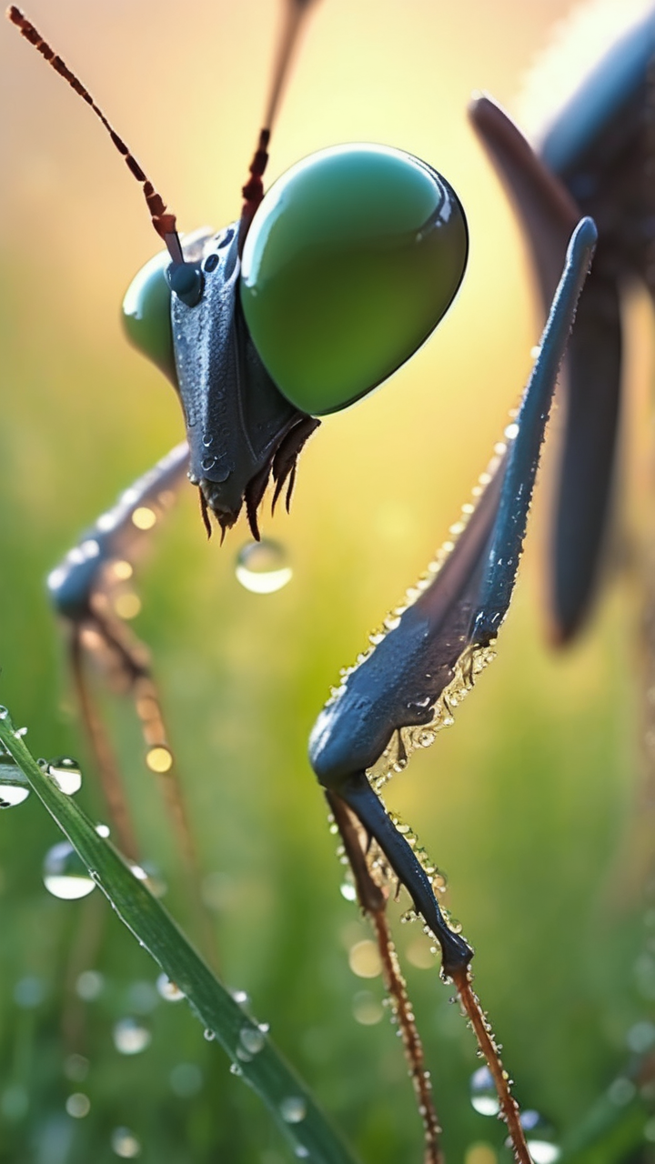 A mantis stalking through dewy grass at dawn