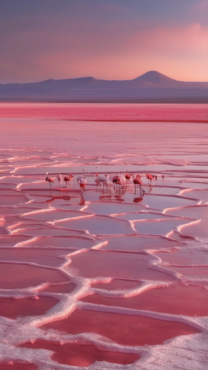 A photorealistic Atacama salt lake with flamingos at dawn