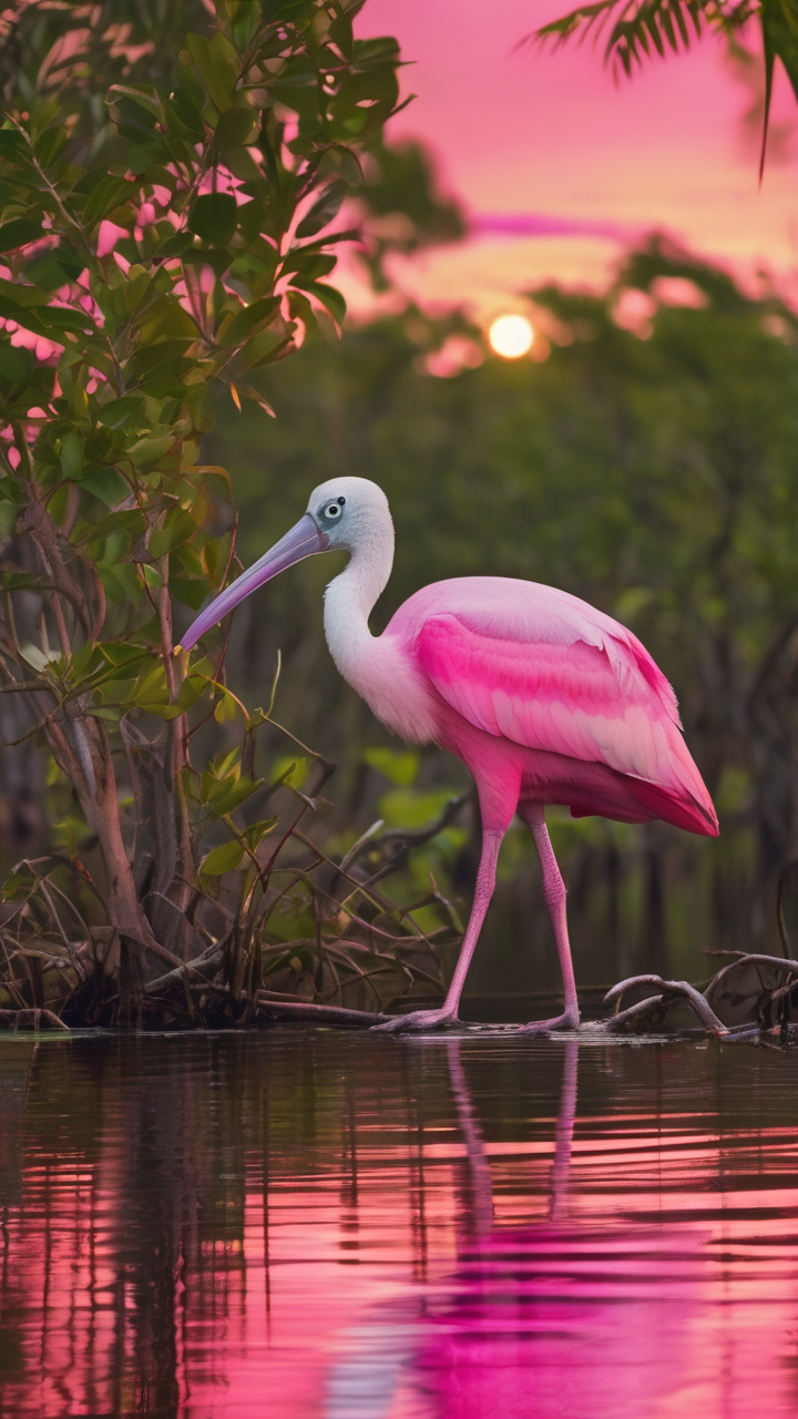 A roseate spoonbill wading in Florida Everglades at sunset