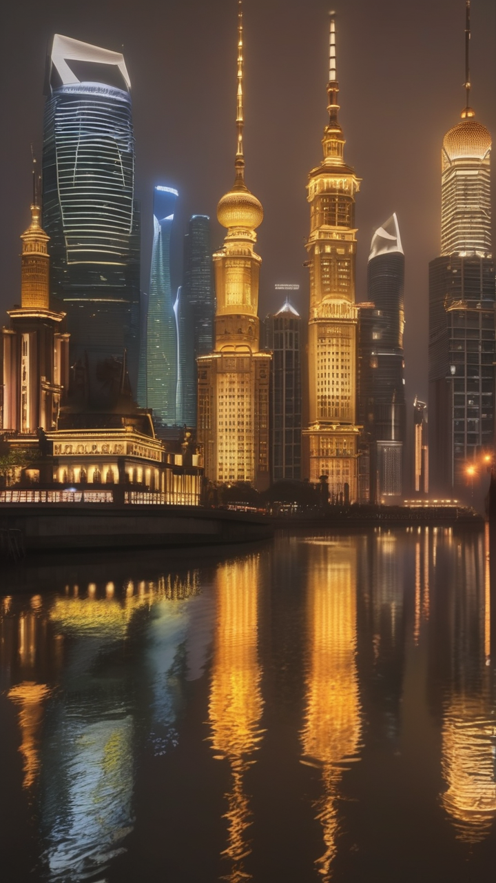 Shanghai's Bund illuminated and reflected in the Huangpu River