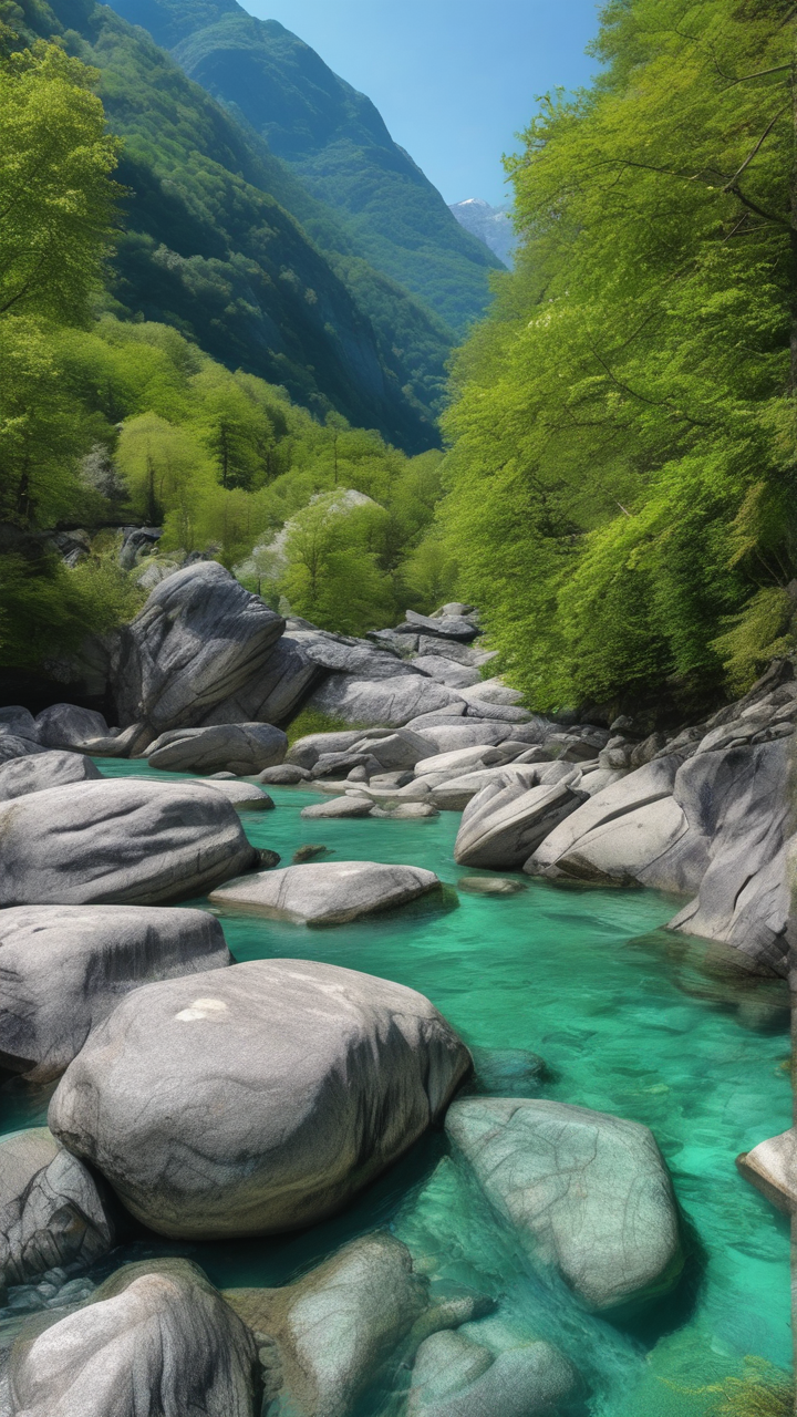 A photorealistic view of the Verzasca Valley in Switzerland