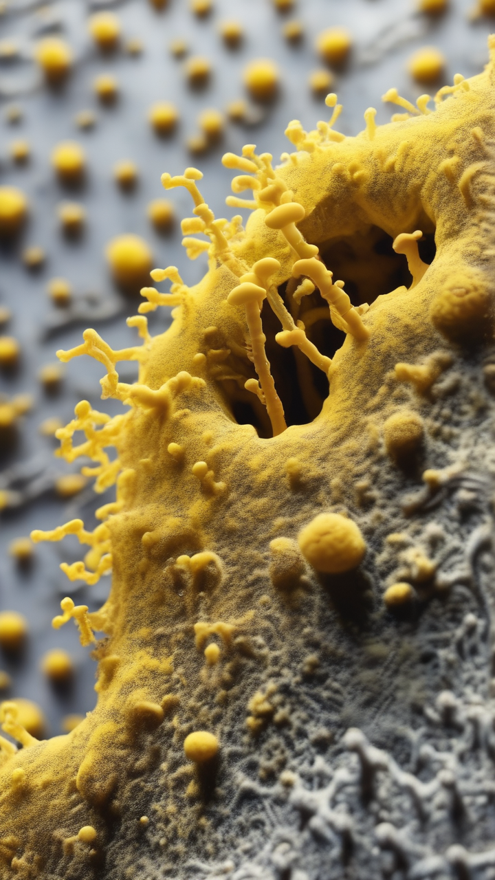 Macro photography of a slime mold Physarum navigating a maze