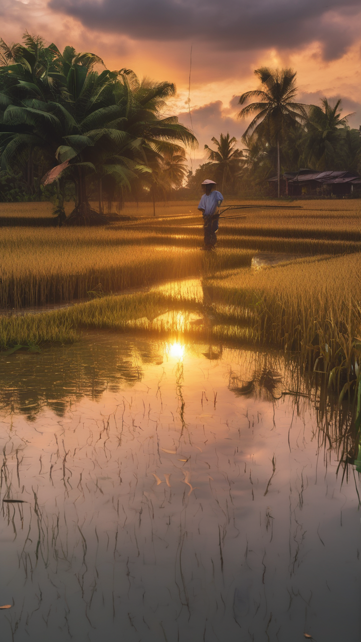 A hyperrealistic flooded rice field reflecting a dramatic sunset sky