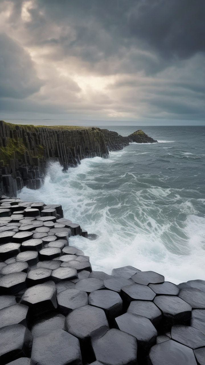 The Giant's Causeway at high tide during a storm