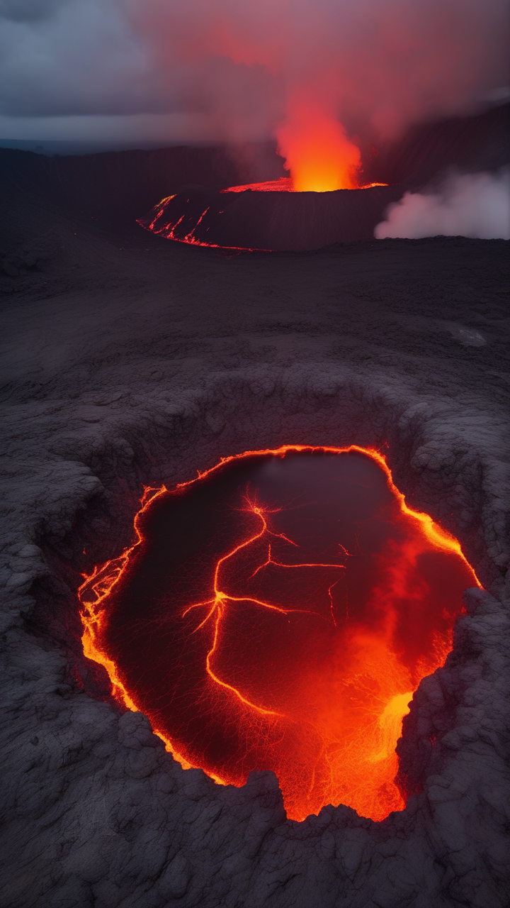 A lava lake inside Nyiragongo volcano crater in Congo at night