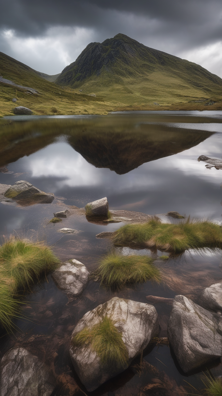 A mountain tarn in Snowdonia Wales perfectly reflecting a stormy dramatic sky