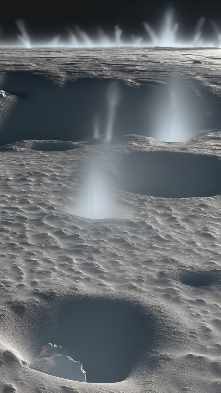 A photorealistic view of the surface of Enceladus with geysers erupting
