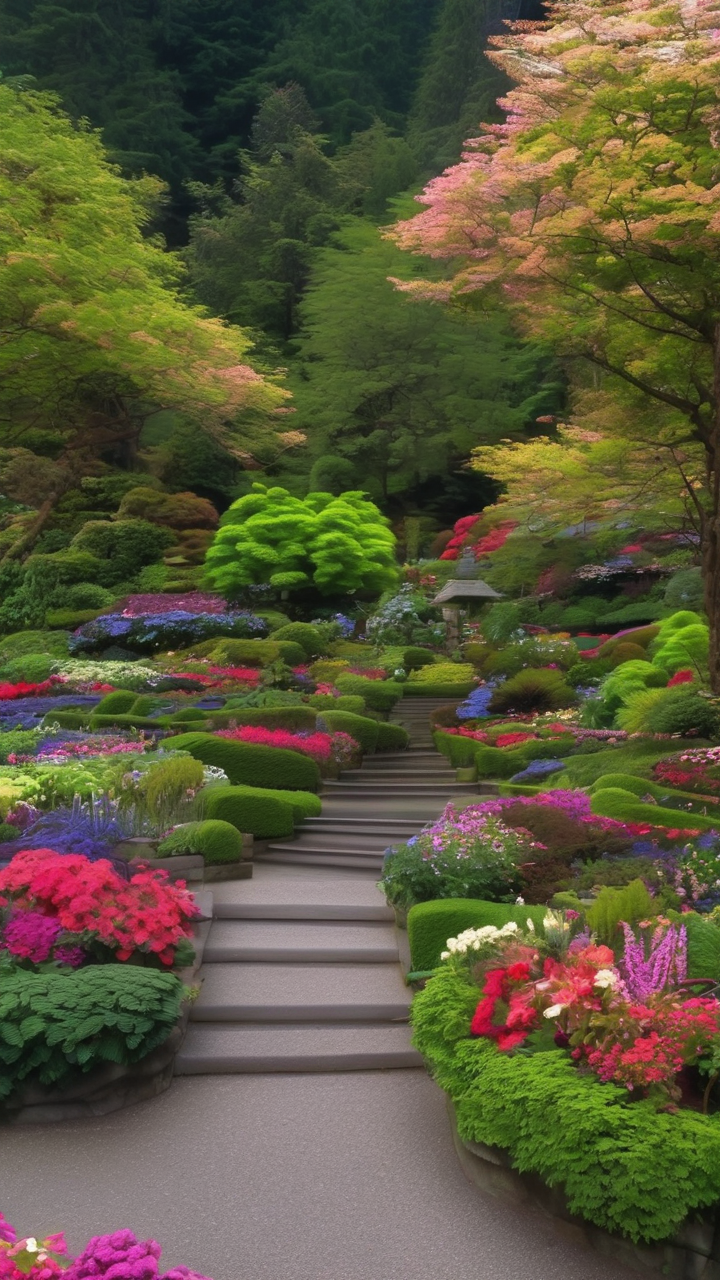 Butchart Gardens in British Columbia in summer at night