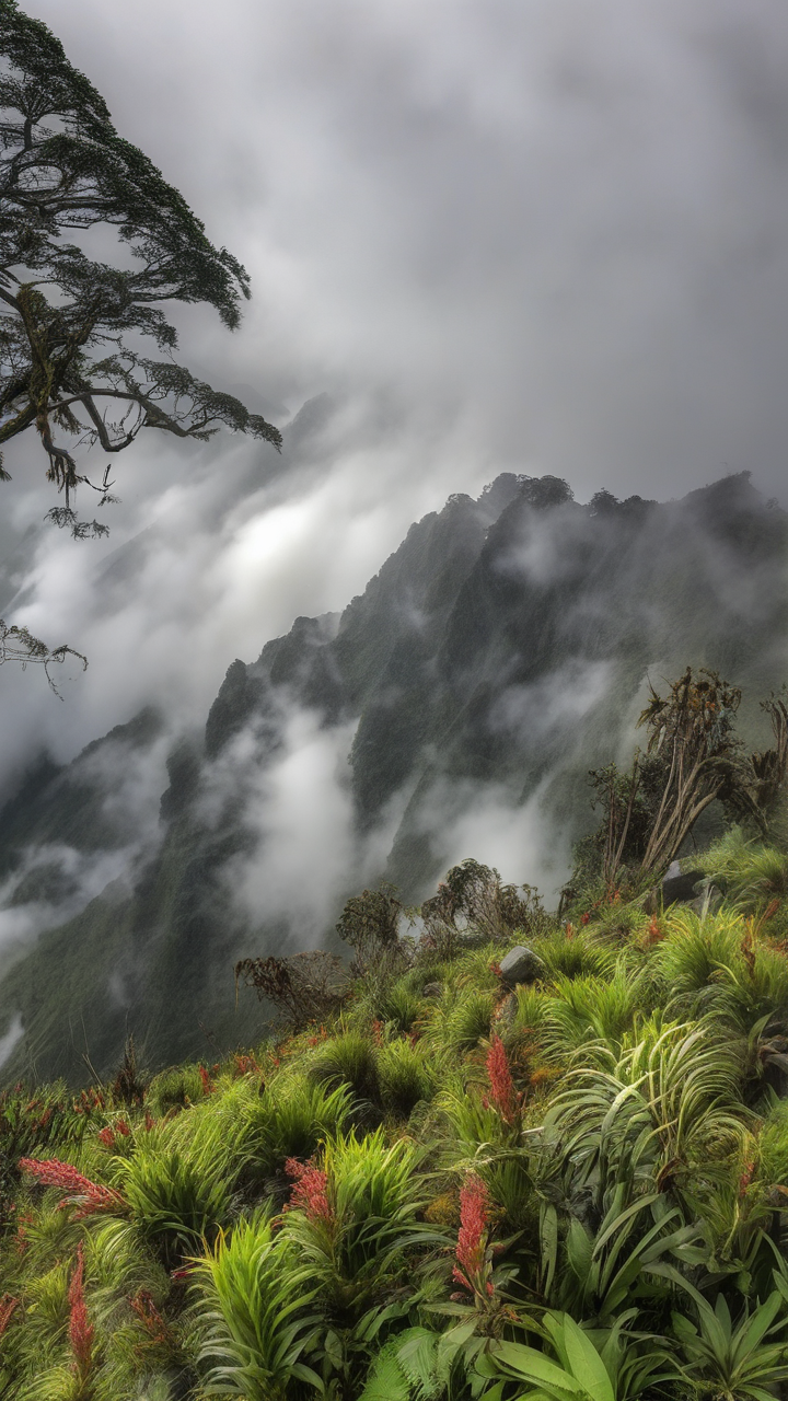 The Rwenzori range in Uganda draped in mist