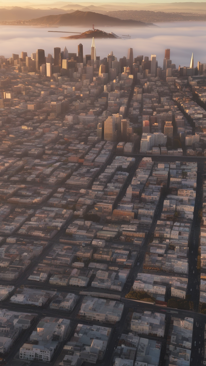 A hyperrealistic aerial of San Francisco at golden hour