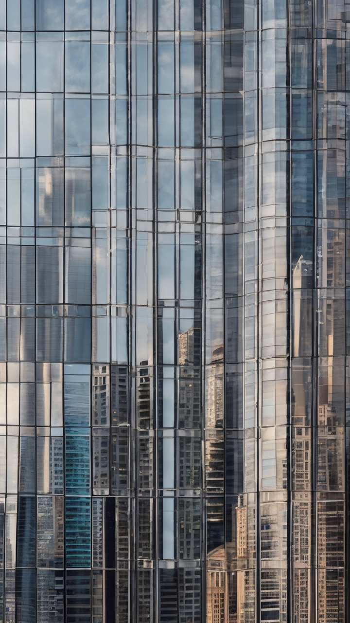 The glass facades of Chicago skyscrapers reflecting each other and the sky