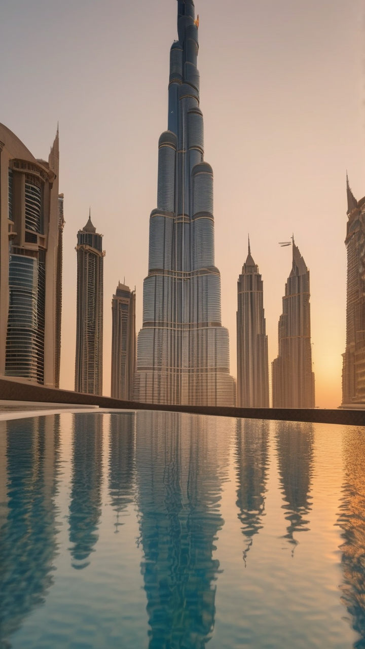 The Burj Khalifa perfectly reflected in the Dubai Fountain pool at sunset