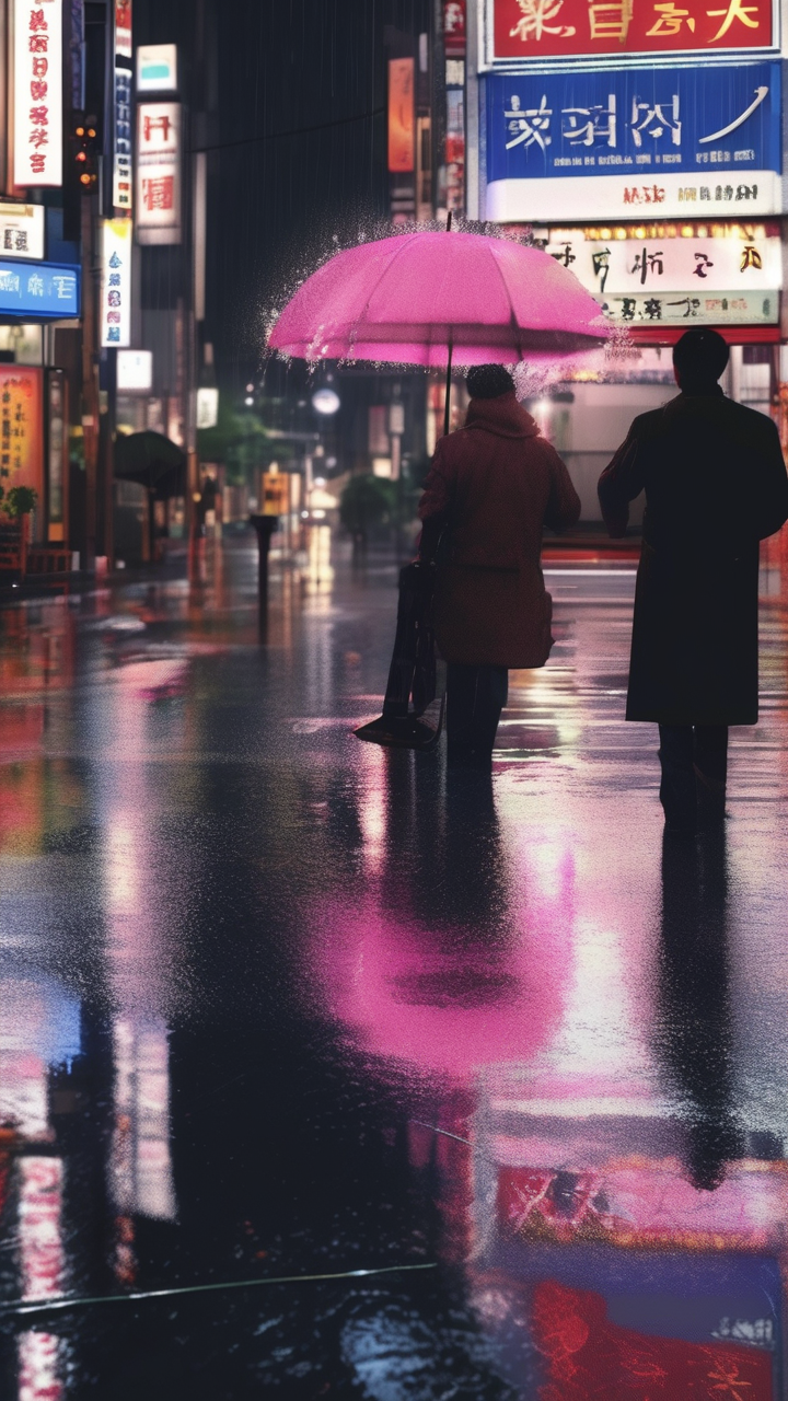 A photorealistic rain-soaked Tokyo street at night