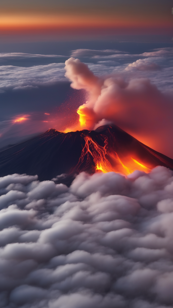 Mount Etna erupting above the clouds at night