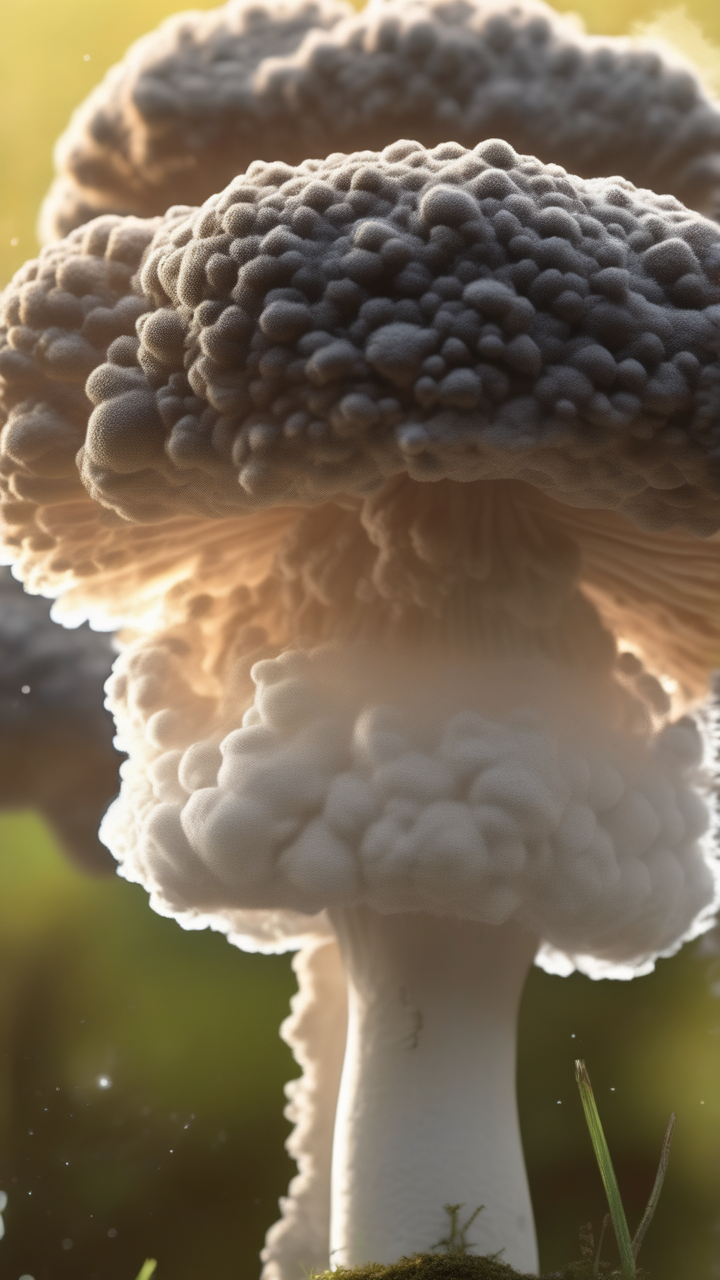 Macro photography of a puffball mushroom releasing its spore cloud