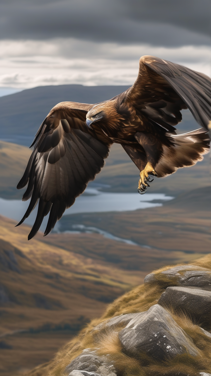A golden eagle stooping in a dive over the Scottish Highlands
