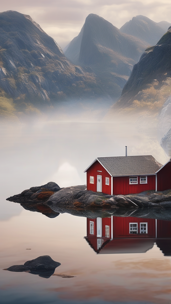 A still Norwegian fjord reflecting the surrounding mountains perfectly