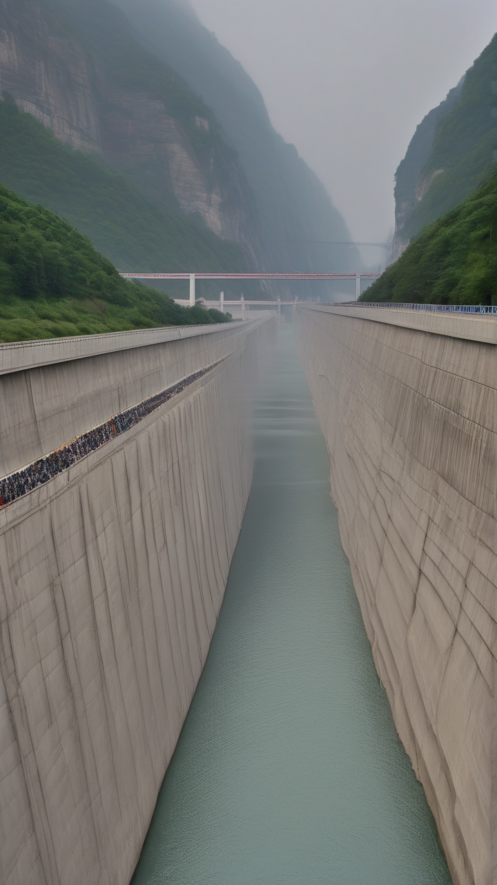 The Three Gorges Dam from downstream showing the full scale