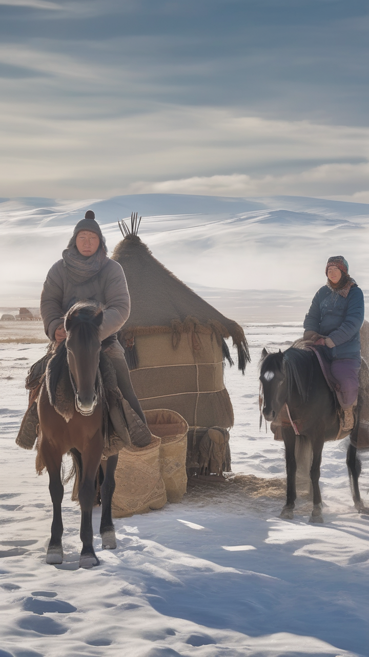 A photorealistic Mongolian nomad family packing their ger in winter