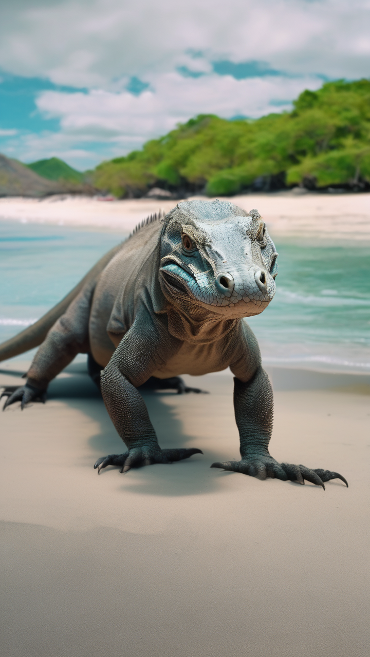 A komodo dragon walking on a beach in Indonesia