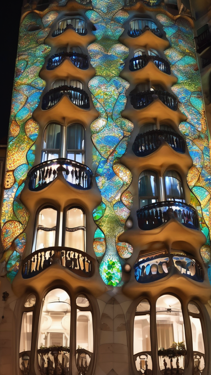 The Casa Batlló facade in Barcelona at night