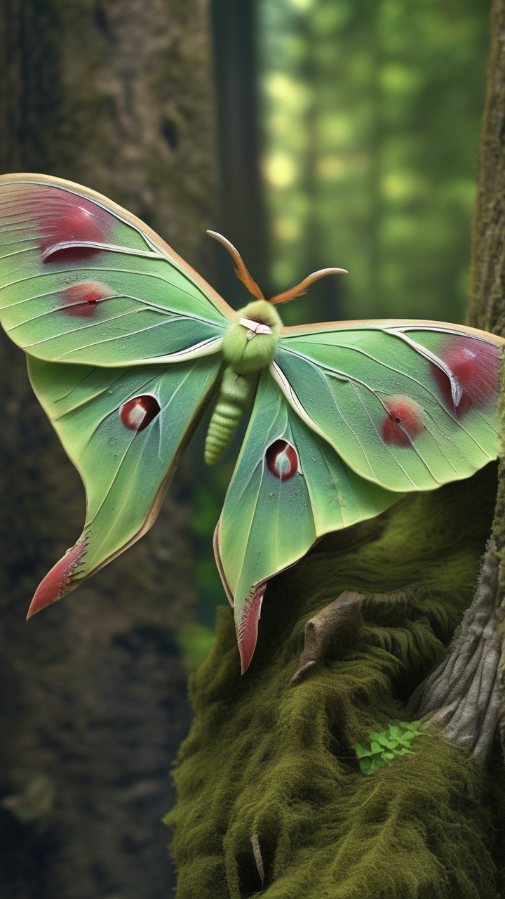 A luna moth resting on a mossy log
