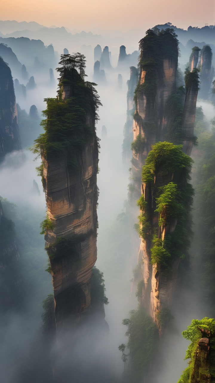 The Zhangjiajie pillars in Hunan China in morning mist
