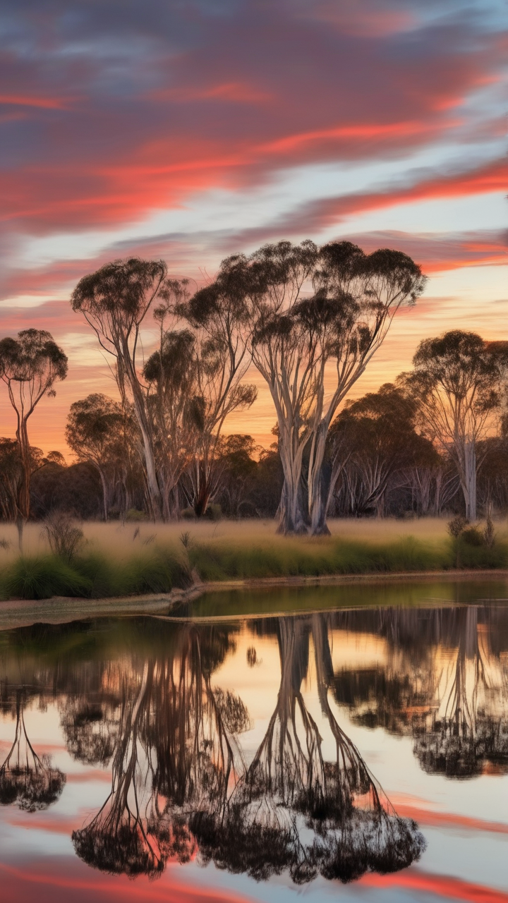 The Murray River in Australia reflected in still water at dawn