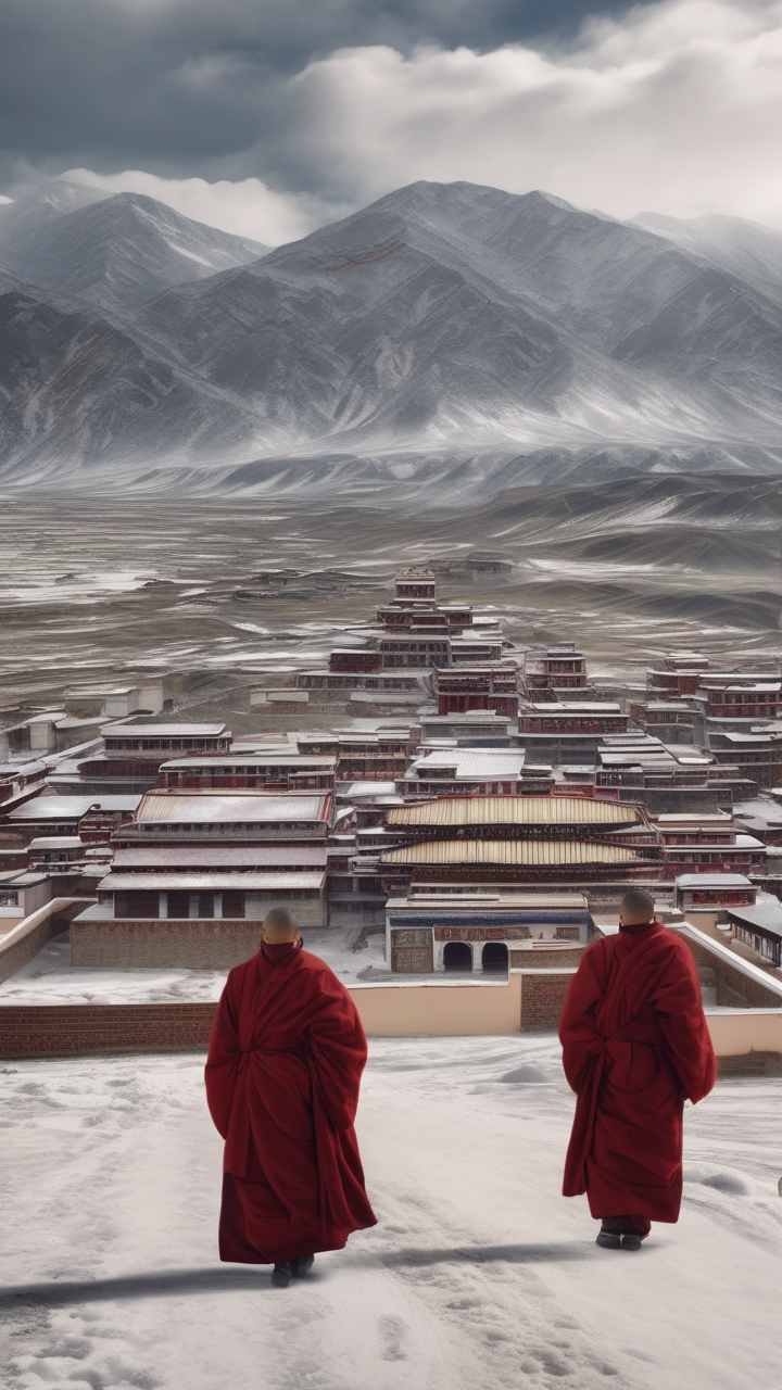 A hyperrealistic view of the Tibetan plateau Buddhist monastery at winter