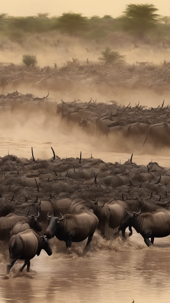 The annual wildebeest crossing of the Mara River