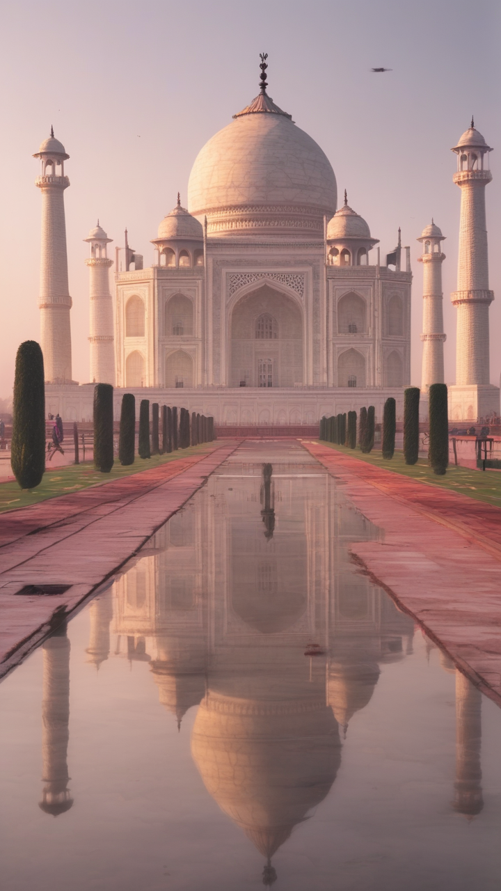 The Taj Mahal and its perfect reflection in the long pool at sunrise