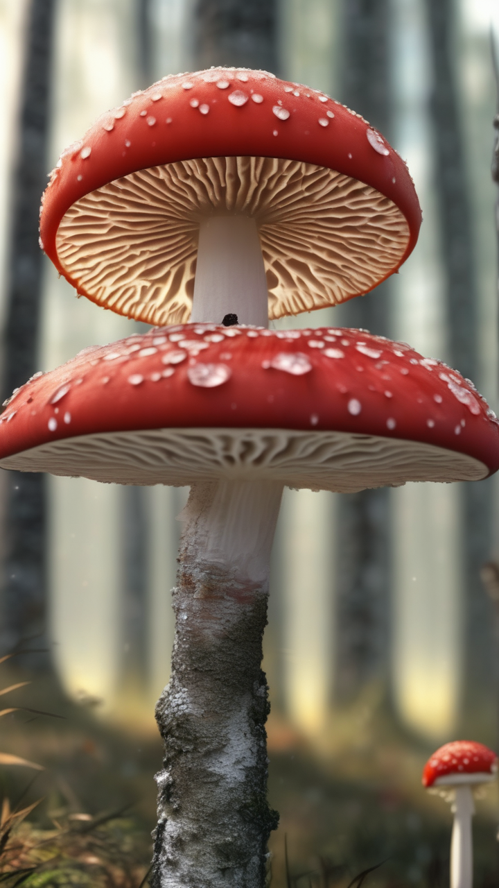 A photorealistic macro of a fly agaric mushroom in a birch forest