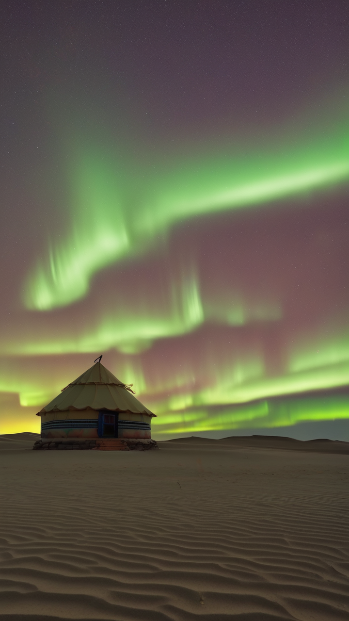 The Gobi Desert in Mongolia under the Northern Lights