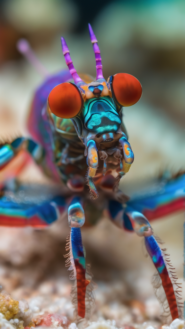 A macro photograph of a peacock mantis shrimp walking on coral